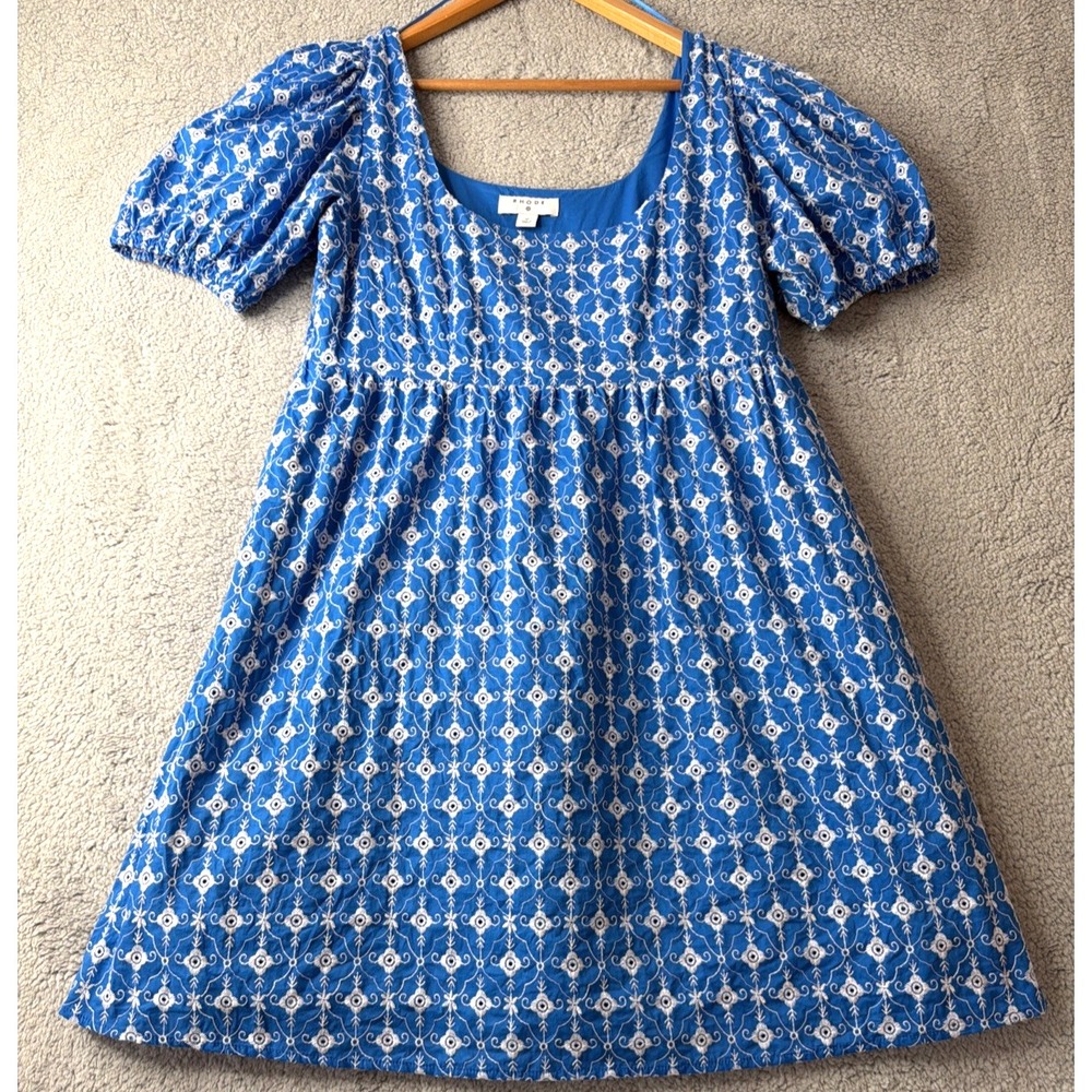 Rhode Dress Womens Size Medium Blue White Embriodered Short Sleeve Lined Dress